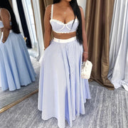 Women's 2-piece striped patchwork set, strappy crop top and A-line maxi skirt