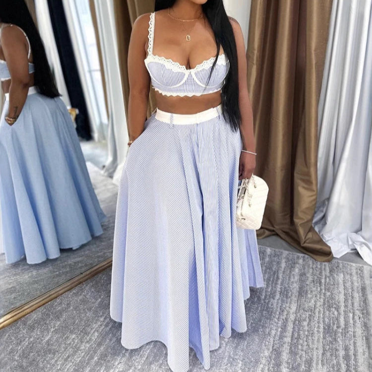 Women's 2-piece striped patchwork set, strappy crop top and A-line maxi skirt