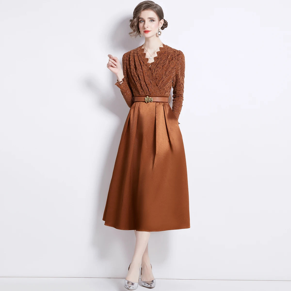 High Quality Vintage Elegant Fleece Lace Stitching Satin Belted V Neck Long Dress