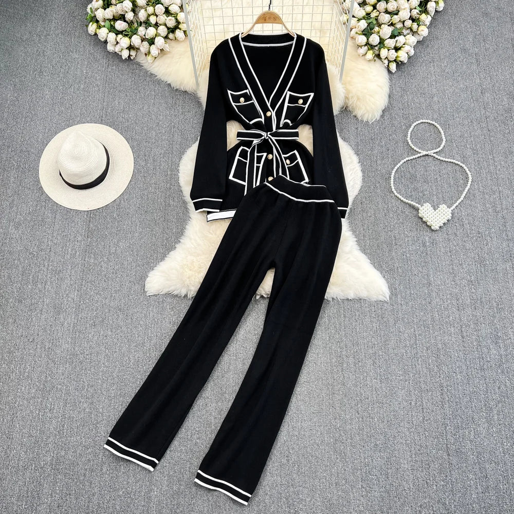 Women's Two-Piece Set Long-Sleeved Lace-up Waist V-Neck Mid-Length Knitted Cardigan Coat + Wide-Leg Pants