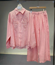 Spring Summer Women Embroidered Linen Sets Loose Fit Long Sleeve Shirt Outfits Elastic Waist Wide Leg Floor Pants Two Piece Set