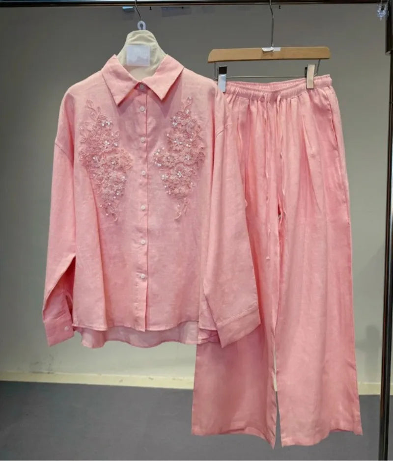 Spring Summer Women Embroidered Linen Sets Loose Fit Long Sleeve Shirt Outfits Elastic Waist Wide Leg Floor Pants Two Piece Set