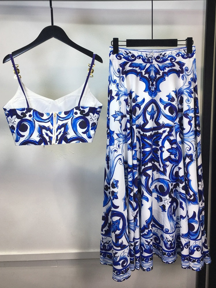 Blue and White Porcelain Two Piece Set Spaghetti Strap Zipper Print Crop Top+Long Skirt High Quality