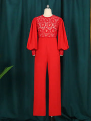 Sheer Lace Stitching Long Sleeve Flared Jumpsuits Wide Leg Pants