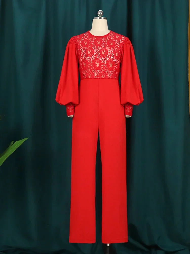 Sheer Lace Stitching Long Sleeve Flared Jumpsuits Wide Leg Pants