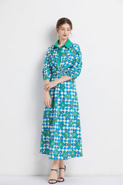 High Quality Three Quarter Sleeve Square Print Long Dress