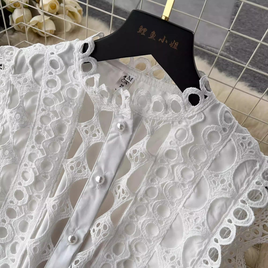 High Quality Sleeveless Stand Collar Hollow Out Belt Water Soluble Embroidery Embroidery Long Elegant Dress