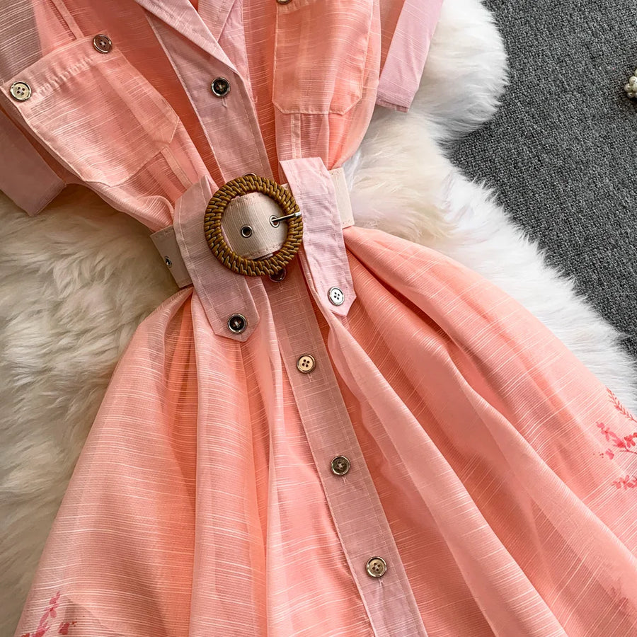 Summer Women Printed Long Dress Beach Vacation Notched Collar Single Breasted Short Sleeve A-Line Maxi Vestidos Female Robe