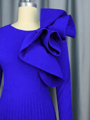 Elegant long sleeve pleated dress in blue, green, pink high quality