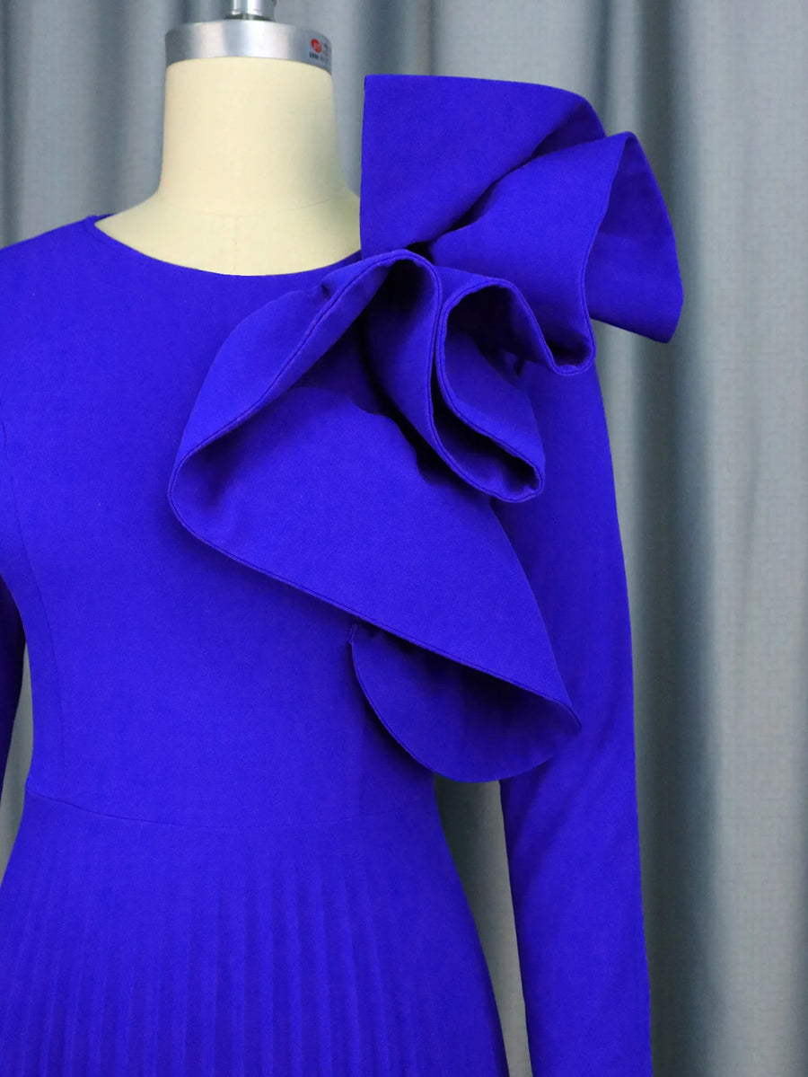 Elegant long sleeve pleated dress in blue, green, pink high quality