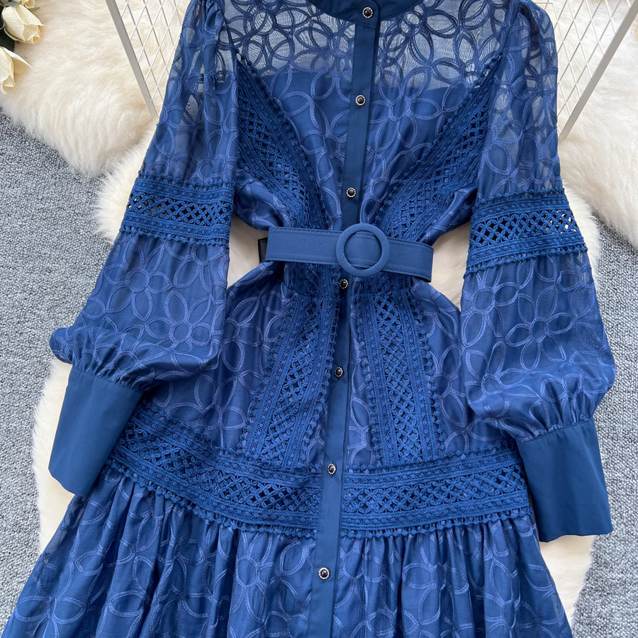 Elegant round neck fitted long dress, vintage style, long lantern sleeves, embroidery, single breasted, French evening style