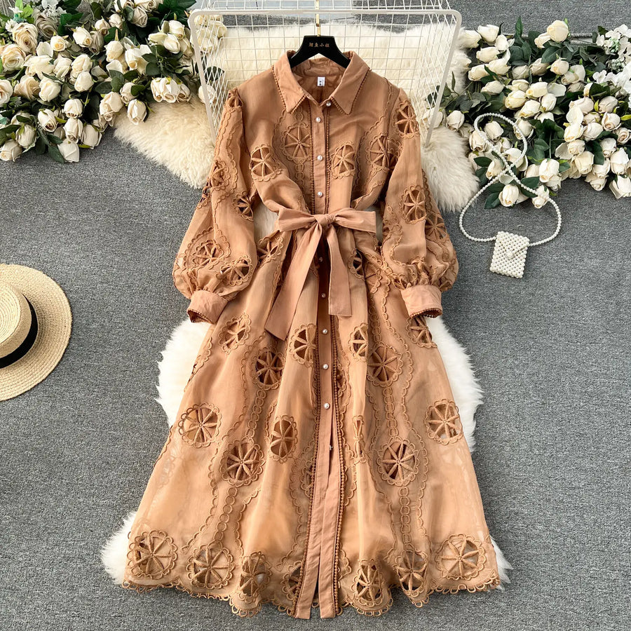 Long sleeve openwork design embroidered belt ruched waist high quality A-line maxi dress