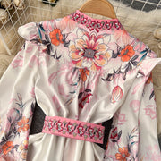 Two Piece Set Floral Print V Neck Flare Long Sleeve Shirt + Belted Pocket Shorts High Quality