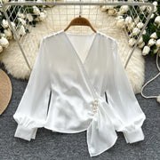 Basic long sleeve V-neck blouse, vintage asymmetrical style, beaded embroidered, high-quality pleated