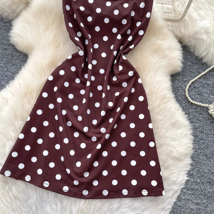 French Fashion Coffee Color Polka Dot Camisole Pure Desire Style Dress Women Summer Sweet High Waist Slim A Line Dress Woman