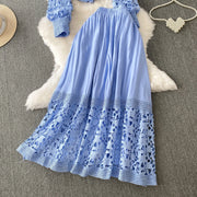 Skirt Sets Women Clothing Temperament Two Piece Set Patchwork Lace Blouses High Waist Hollow Out Long Skirts Suit Summer Outfits