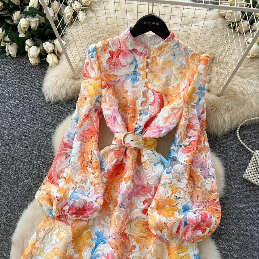 Crochet Lace Embroidery Hollow Out Floral Print Maxi Dress Autumn Women Long Lantern Sleeve Pearl Buttons Up Belt Prom Clothing