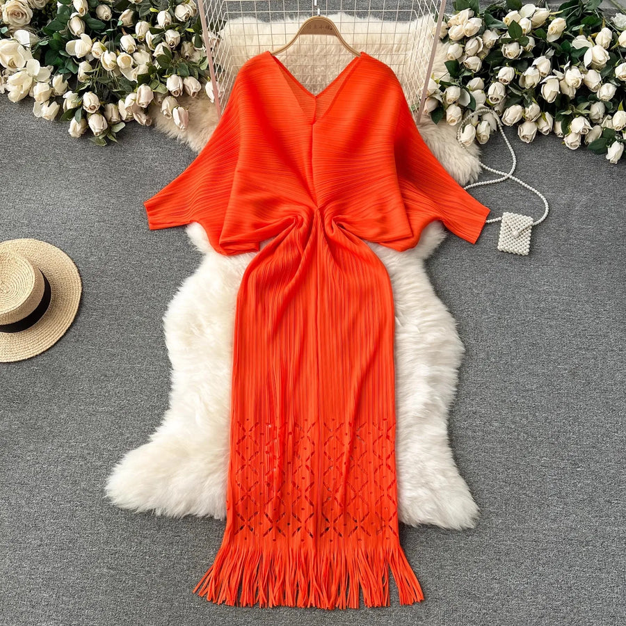 High quality pleated batwing sleeve v neck high stretch loose dresses