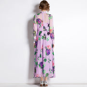 High Quality Floral Print Maxi Long Sleeve Pleated Dress