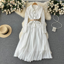 High Quality Long Sleeve Floral Embroidery Button Pleated White Elegant Dress