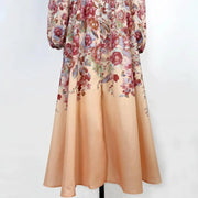 Floral print dress with long sleeves, high neck, and belt, high quality midi length