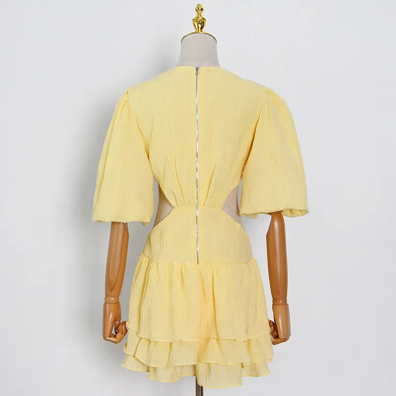 Summer New Women's Fashion Waistless A-line Short Dress Sexy Solid Color Deep V-neck Bubble Sleeve Waist Hollow Party Dress
