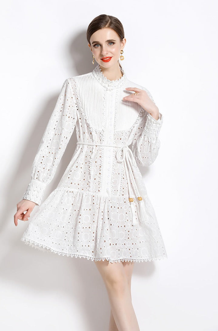 High Quality High Neck Long Sleeve Short White Dress