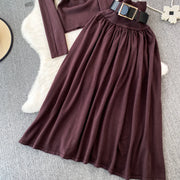 Women Elegant Office Two Piece Sets Autumn Winter Long Sleeved Standing Neck Sweater Top High Waist Slim A-line Long Skirt Suits