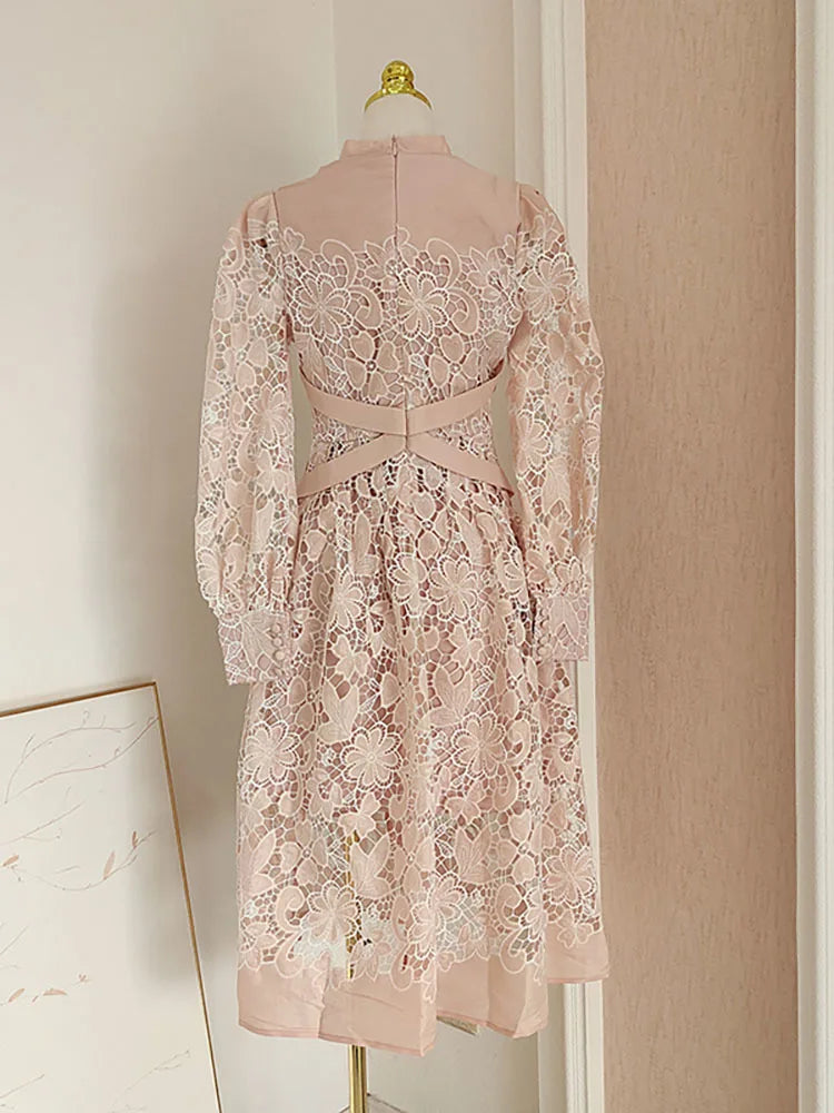 Elegant V-neck Hook Lace Hollow Flower Buttons High Quality Dress