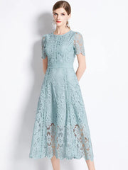 High quality openwork lace short sleeve round neck high-end vintage dress