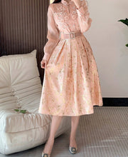 Flower Embroidery Two Piece Set Elegant Pearl Pink Blouse Shirt+Belt High Quality Floral Jacquard Midi Skirt