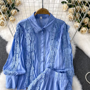 Women Lace Patchwork Pants Set Single Breasted Long Sleeved Shirt Elastic Waisted Trousers Suit Summer Female 2 pieces Sets