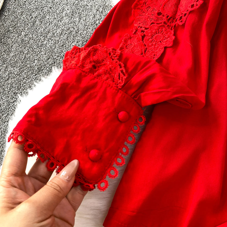 Women Lace Patchwork Pants Set Single Breasted Long Sleeved Shirt Elastic Waisted Trousers Suit Summer Female 2 pieces Sets