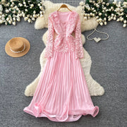 Lace Ruffle Camis Midi Dress Two Pieces Sets V Neck Top  Vintage   Tulle Pleated  Skirt   High Waist A-line Skirt Fall Sets