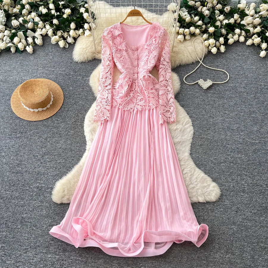 Lace Ruffle Camis Midi Dress Two Pieces Sets V Neck Top  Vintage   Tulle Pleated  Skirt   High Waist A-line Skirt Fall Sets