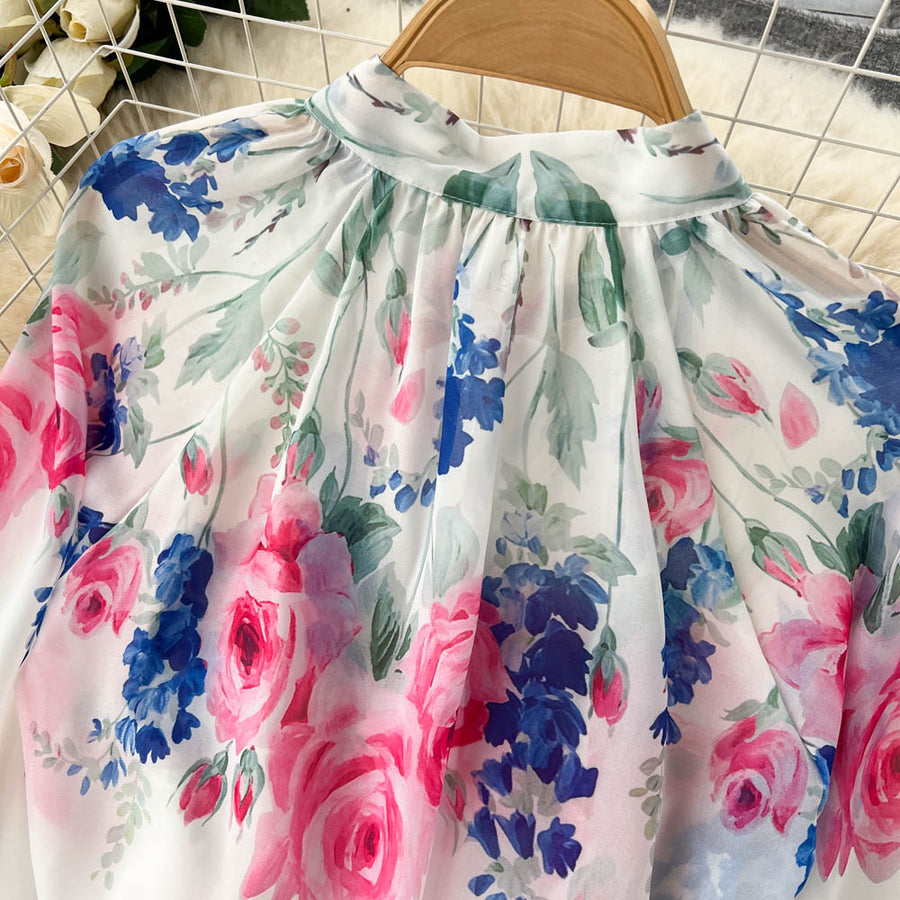 Two Piece Set Flower Print Lantern Sleeve Shirt Bow Neck Top + Belted Shorts High Quality