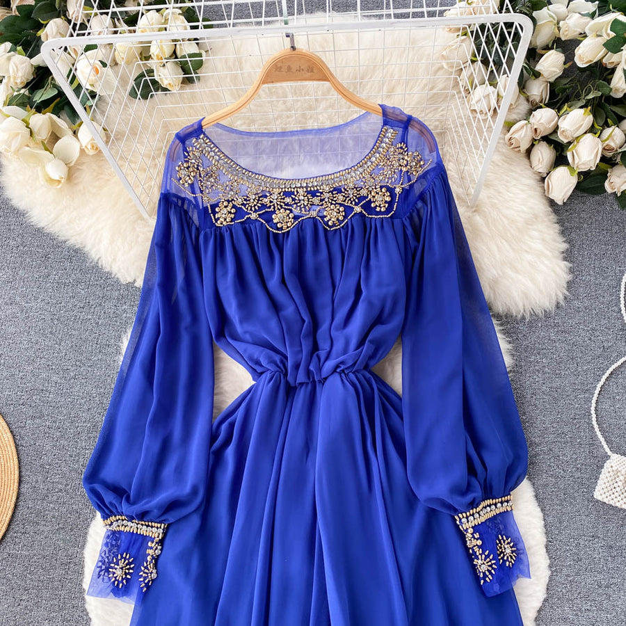 High Quality Various Colors Lantern Sleeve O Neck Maxi Embroidered Dress