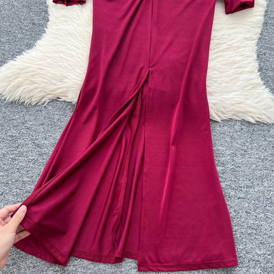 Elegant Pleated Vintage V-neck Chic Long Sleeve Slim Split Dress Korean Fashion Evening Party High Street Autumn Winter Clothing