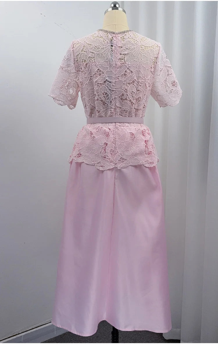 Elegant Beading Diamond Luxury Embroidery Prom Evening Dress Women Summer Short Sleeve Hollow Out Lace Patchwork Belt Long Dress