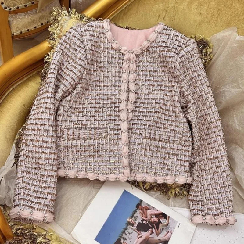 Autumn Winter Office Women Mixed Color Fit Sets Golden Silk O Neck Two Piece Set Tweed Jacket Slim Half Skirt Set Elegant Lady