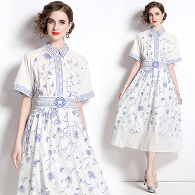 High Quality A-Line Floral Print Turn-down Collar Short Sleeve Chiffon Elegant Dress
