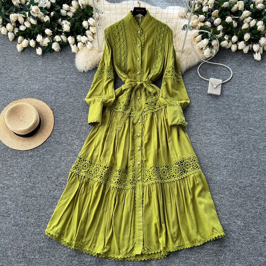 Elegant Long Lantern Sleeve Loose A Line Dress with Lace Patchwork and Pearl Buttons Belt High Quality