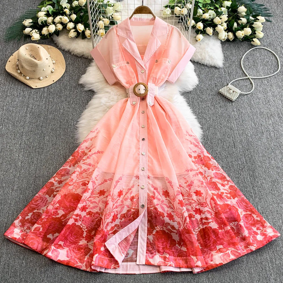 Summer Women Printed Long Dress Beach Vacation Notched Collar Single Breasted Short Sleeve A-Line Maxi Vestidos Female Robe
