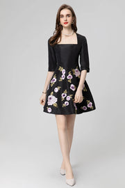 High Quality Elegant Flower Embroidery Pink Black Square Collar Half Sleeve Women Mini Dress