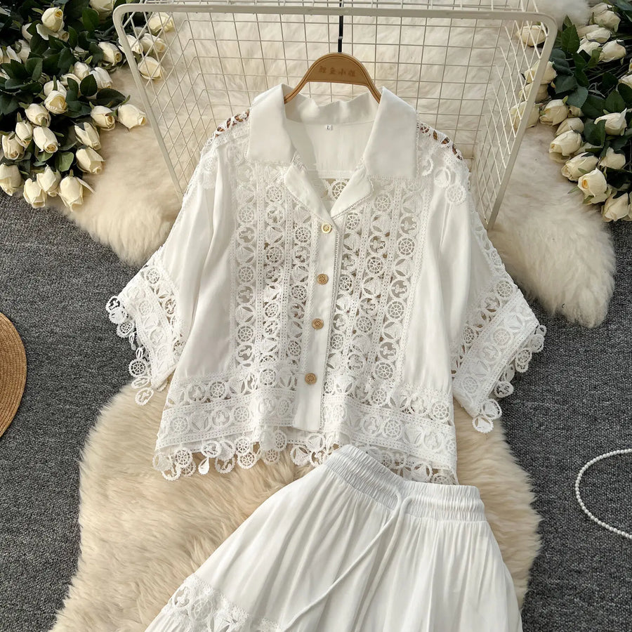 Luxury Long Dresses 2 Piece Sets Women Summer Holiday Hollow Out Crop Tops Elastic Waist Maxi Skirts Suits A Line Party Vestidos