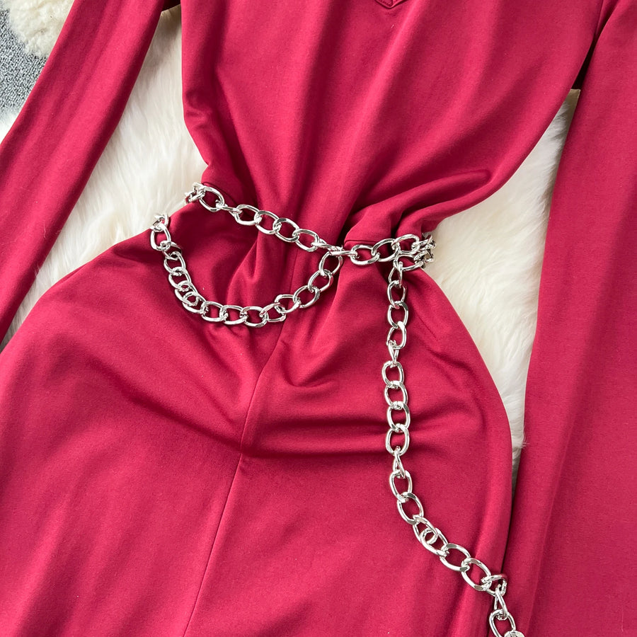 Solid Jumpsuit Chain Round Neck Long Sleeve Cropped Wide Leg Long Pants