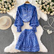 Summer Embroidery Maxi Dress Two Piece Set Women Blue Hollow Lace Long Sleeve Blouse Shirts 3pcs Sets Elastic Waist Skirts Suits