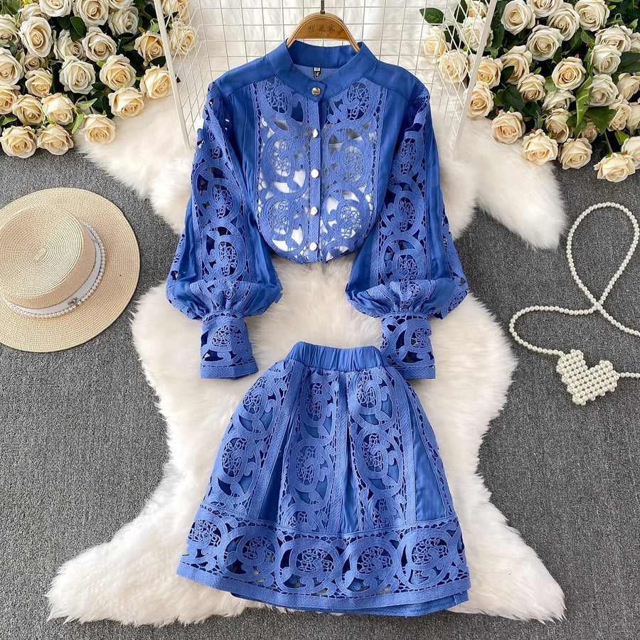 Summer Embroidery Maxi Dress Two Piece Set Women Blue Hollow Lace Long Sleeve Blouse Shirts 3pcs Sets Elastic Waist Skirts Suits