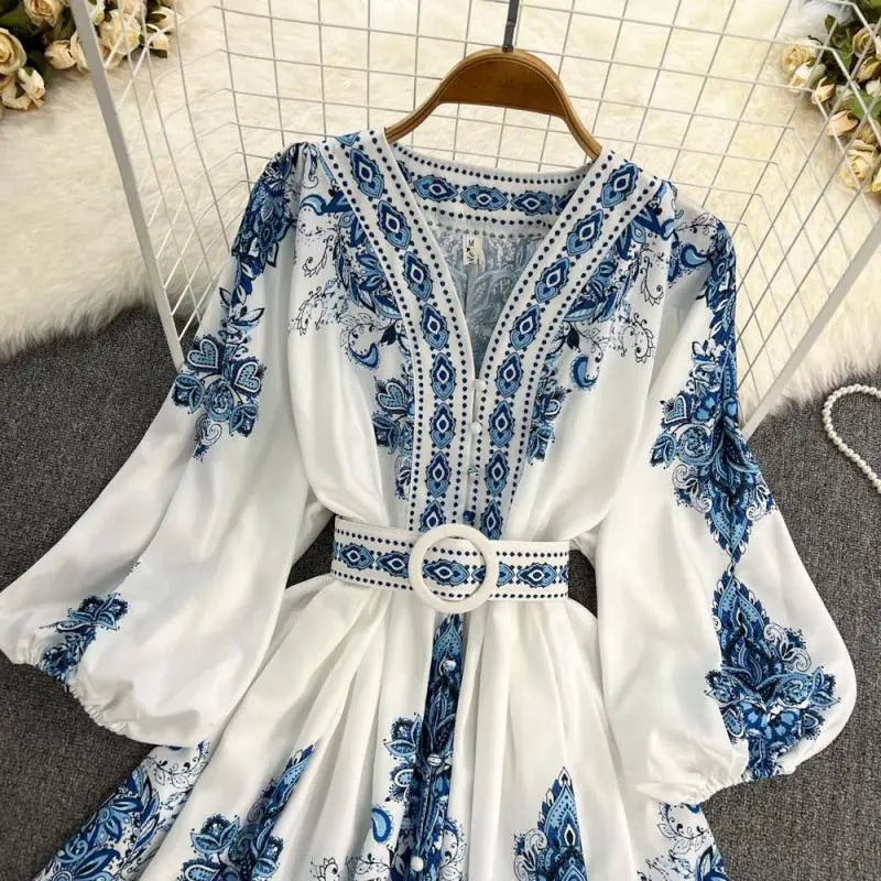Women Dress Elegant Spring Autumn Retro Fashion Court Style Positioning Printing Lantern Sleeve Single Breasted Vintage Dress