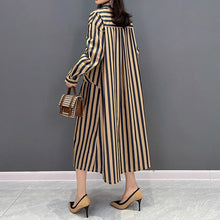 High Quality Long Sleeve Loose Khaki Striped Big Pocket Dress